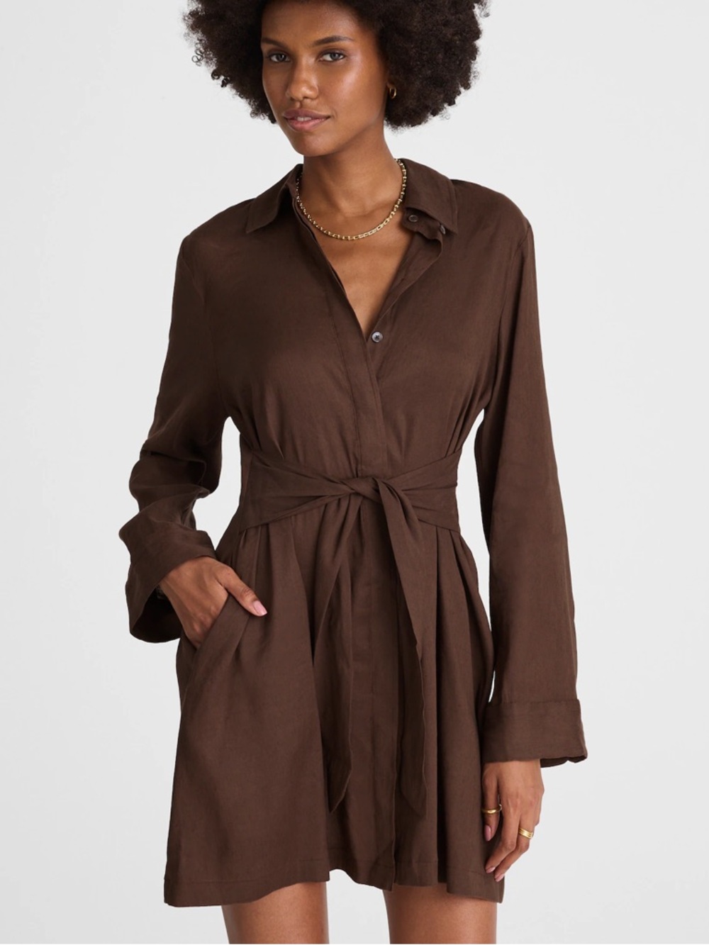 NWT MADEWELL Chocolate Brown Long Sleeve Tie-Waist Shirt Dress Size 4